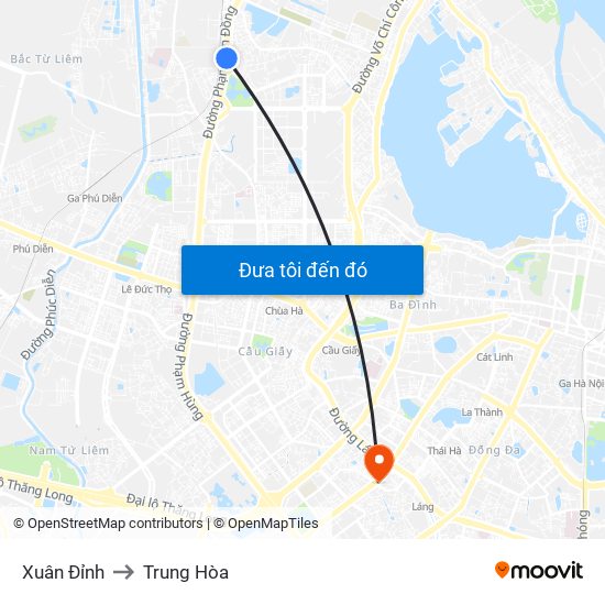 Xuân Đỉnh to Trung Hòa map