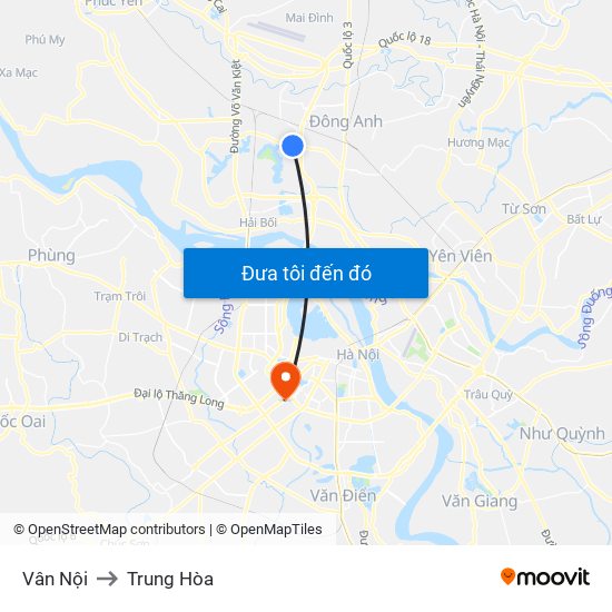 Vân Nội to Trung Hòa map