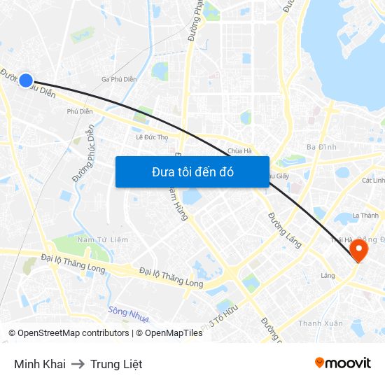 Minh Khai to Trung Liệt map
