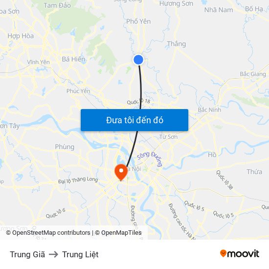 Trung Giã to Trung Liệt map