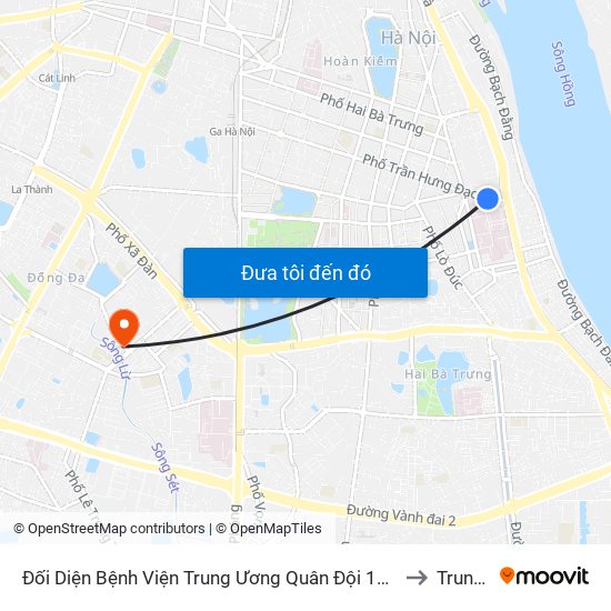 Đối Diện Bệnh Viện Trung Ương Quân Đội 108 - Trần Hưng Đạo to Trung Tự map