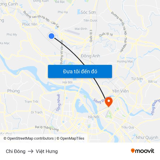 Chi Đông to Việt Hưng map