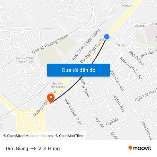 Đức Giang to Việt Hưng map