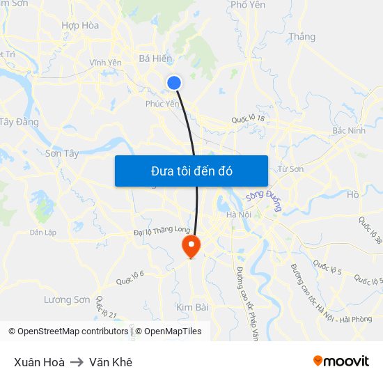 Xuân Hoà to Văn Khê map