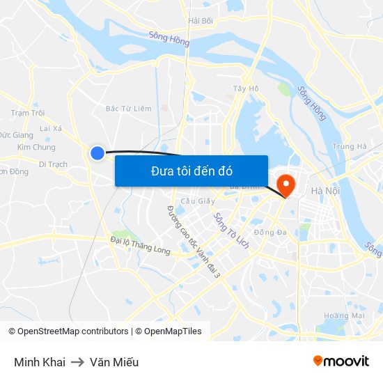 Minh Khai to Văn Miếu map