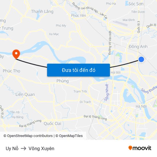 Uy Nỗ to Võng Xuyên map