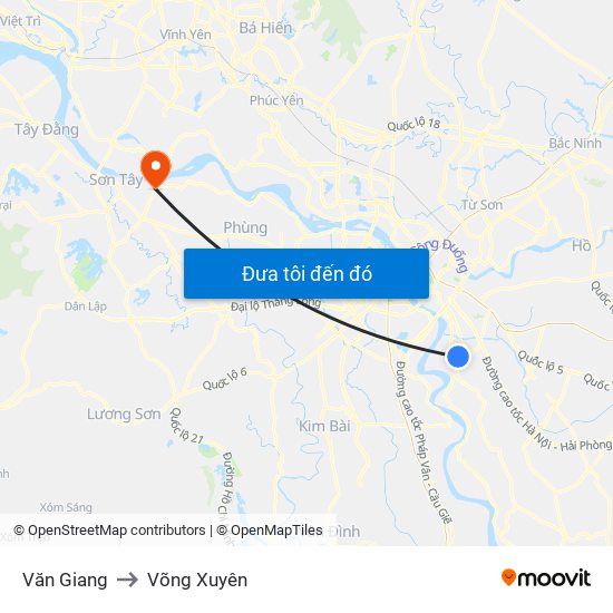 Văn Giang to Võng Xuyên map
