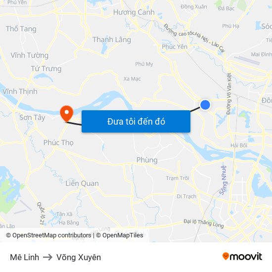 Mê Linh to Võng Xuyên map