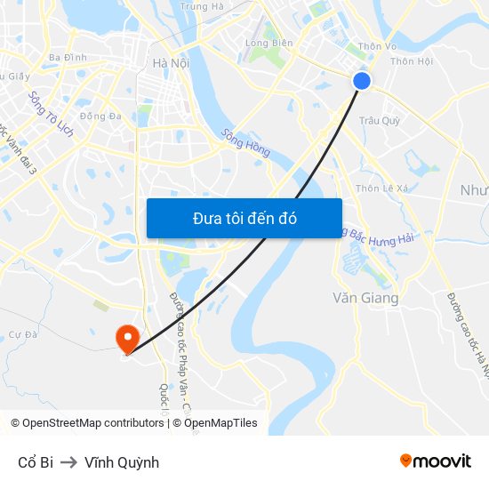 Cổ Bi to Vĩnh Quỳnh map
