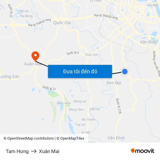 Tam Hưng to Xuân Mai map