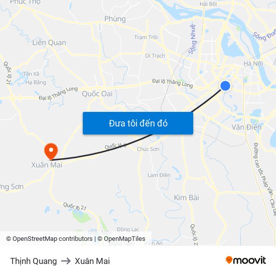 Thịnh Quang to Xuân Mai map