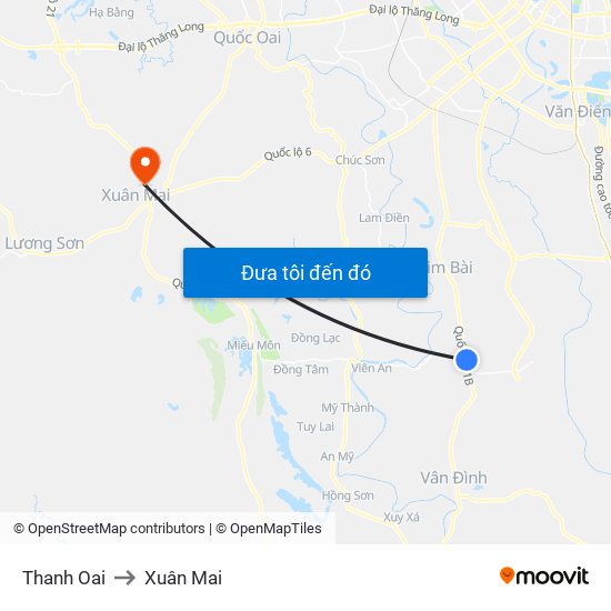 Thanh Oai to Xuân Mai map