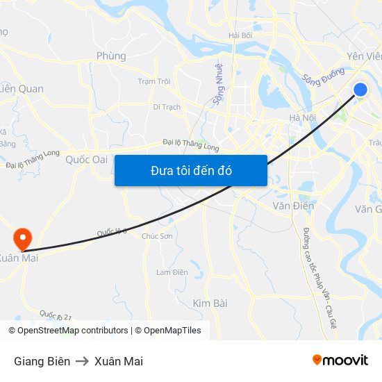 Giang Biên to Xuân Mai map