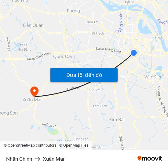 Nhân Chính to Xuân Mai map
