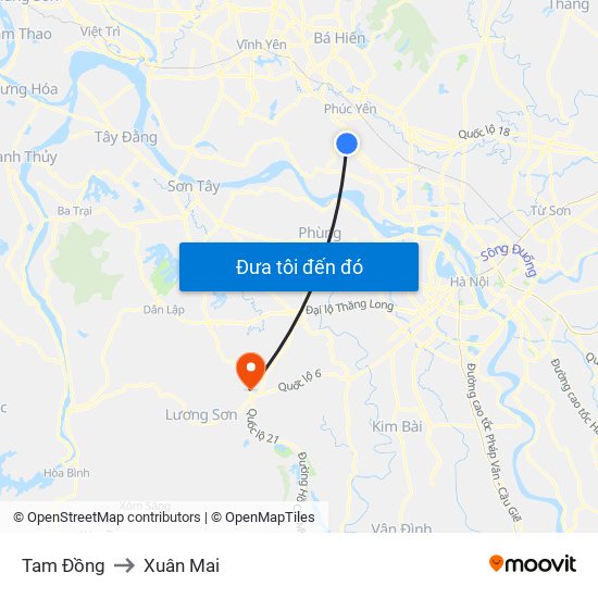 Tam Đồng to Xuân Mai map