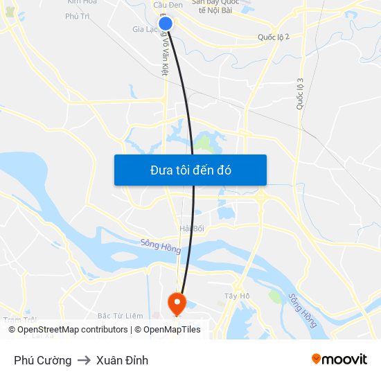 Phú Cường to Xuân Đỉnh map