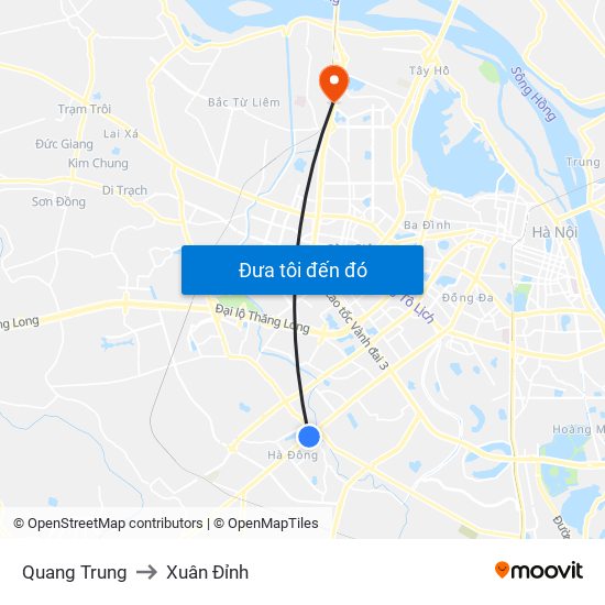 Quang Trung to Xuân Đỉnh map