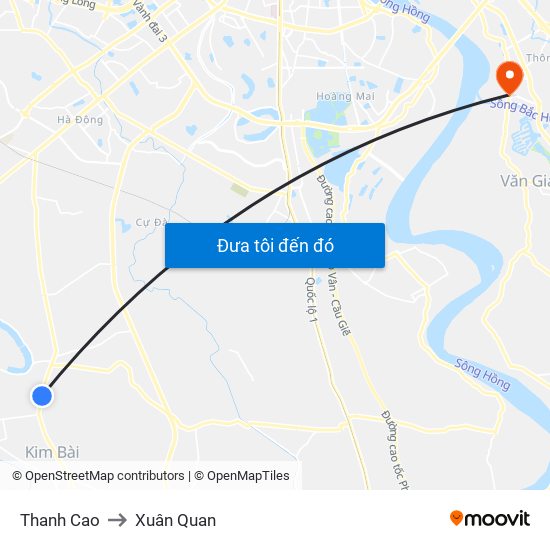 Thanh Cao to Xuân Quan map