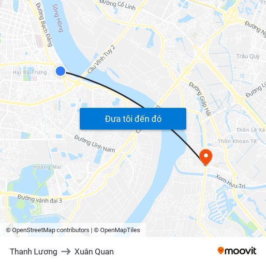 Thanh Lương to Xuân Quan map