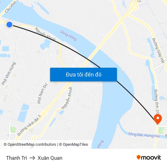 Thanh Trì to Xuân Quan map