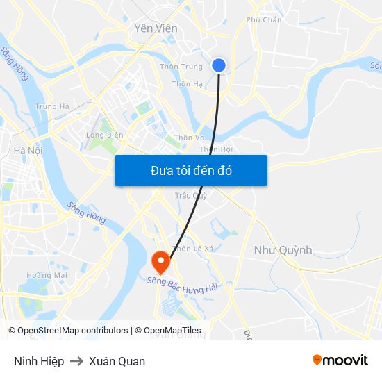 Ninh Hiệp to Xuân Quan map