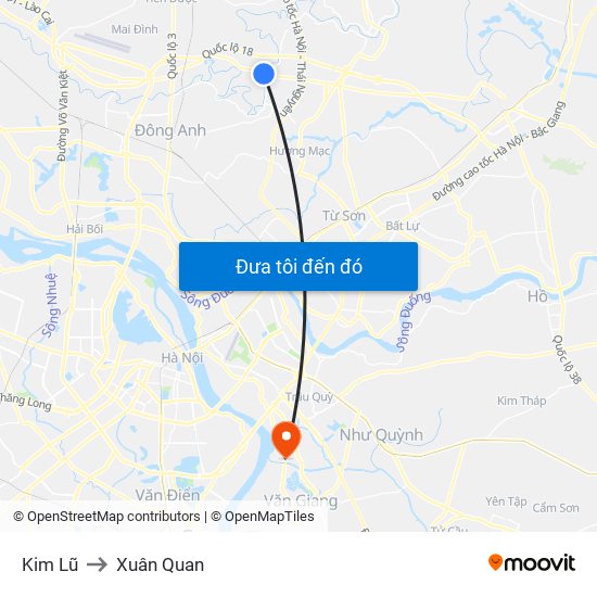 Kim Lũ to Xuân Quan map