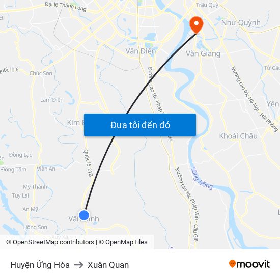 Huyện Ứng Hòa to Xuân Quan map