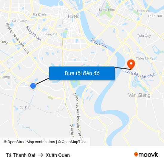 Tả Thanh Oai to Xuân Quan map