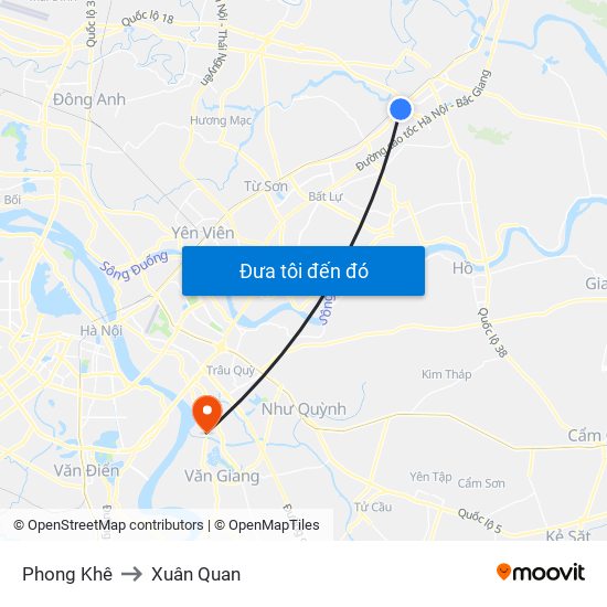Phong Khê to Xuân Quan map