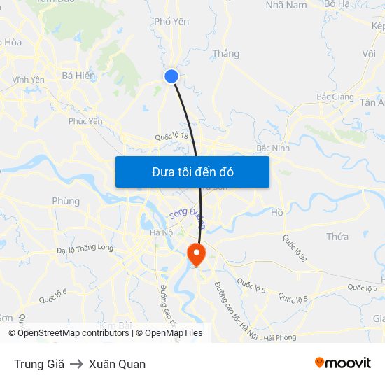 Trung Giã to Xuân Quan map