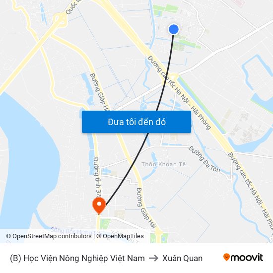 (B) Học Viện Nông Nghiệp Việt Nam to Xuân Quan map