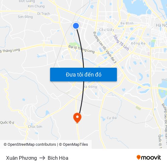 Xuân Phương to Bích Hòa map