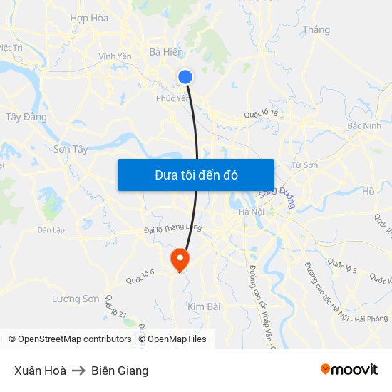 Xuân Hoà to Biên Giang map