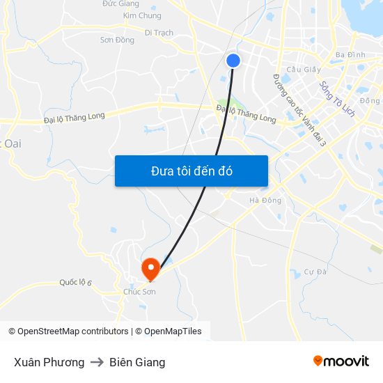 Xuân Phương to Biên Giang map