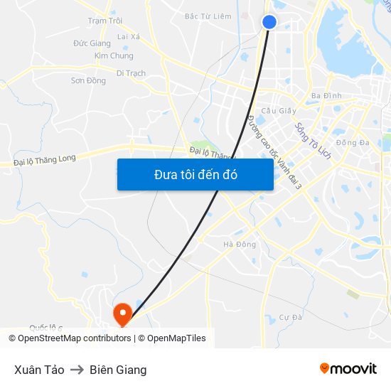 Xuân Tảo to Biên Giang map