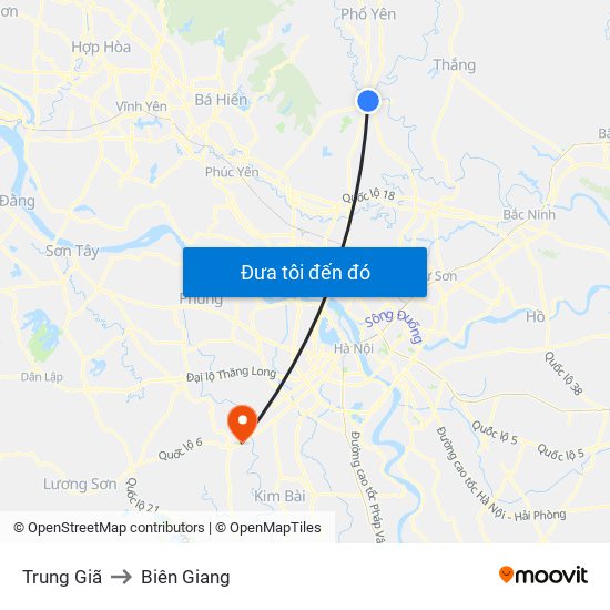 Trung Giã to Biên Giang map