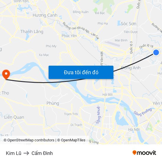 Kim Lũ to Cẩm Đình map