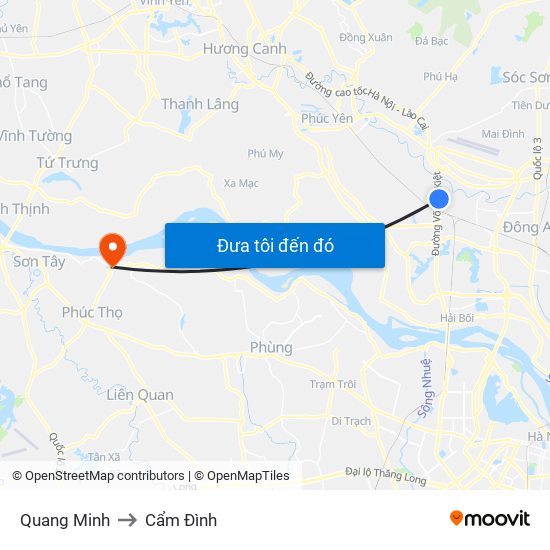 Quang Minh to Cẩm Đình map