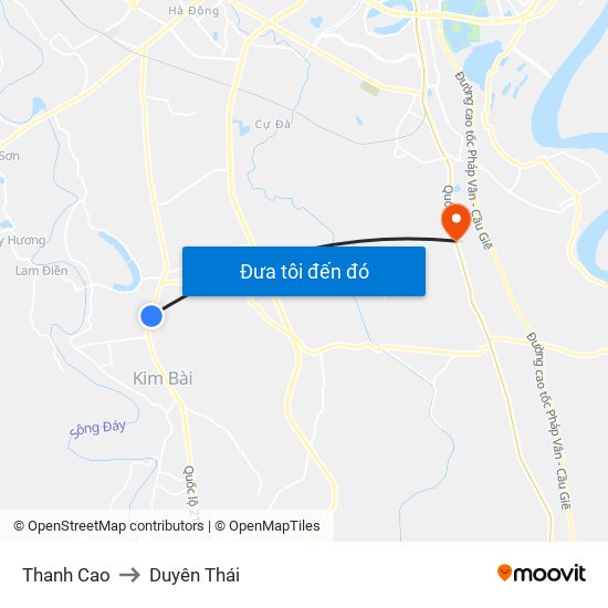 Thanh Cao to Duyên Thái map