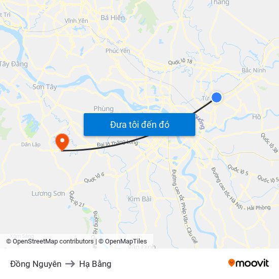 Đồng Nguyên to Hạ Bằng map