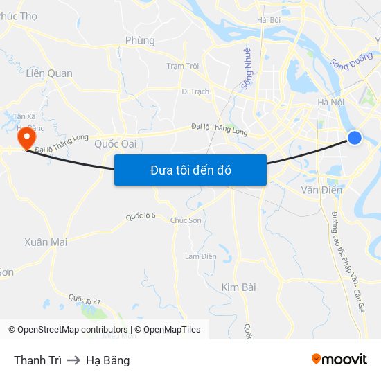 Thanh Trì to Hạ Bằng map