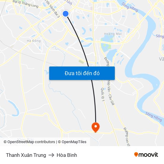 Thanh Xuân Trung to Hòa Bình map
