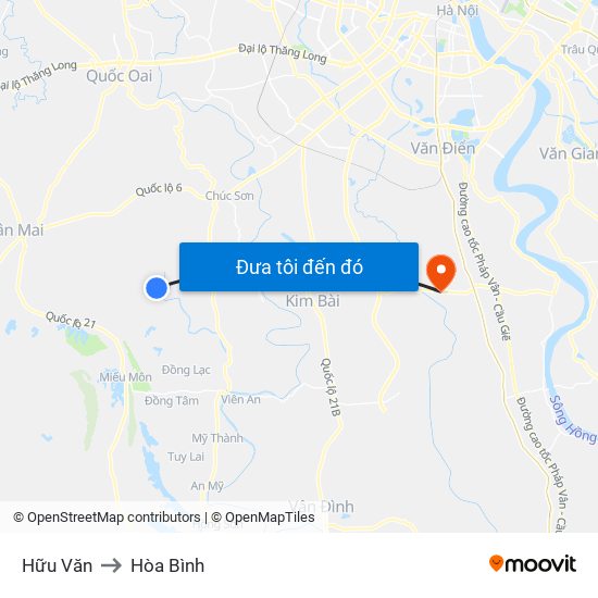 Hữu Văn to Hòa Bình map