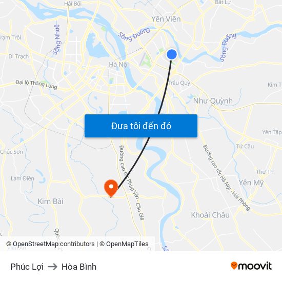 Phúc Lợi to Hòa Bình map