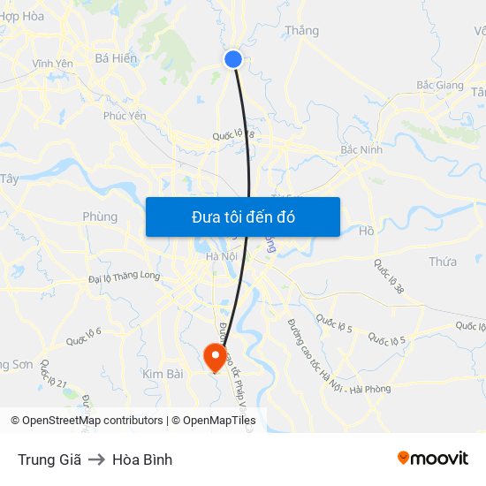 Trung Giã to Hòa Bình map