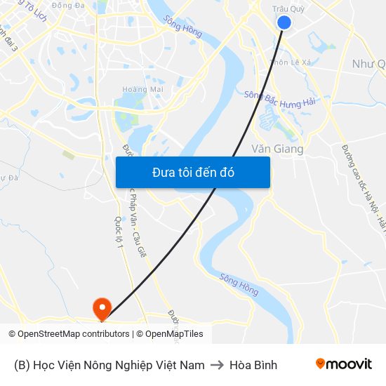 (B) Học Viện Nông Nghiệp Việt Nam to Hòa Bình map
