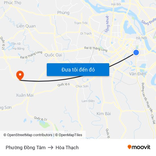 Phường Đồng Tâm to Hòa Thạch map