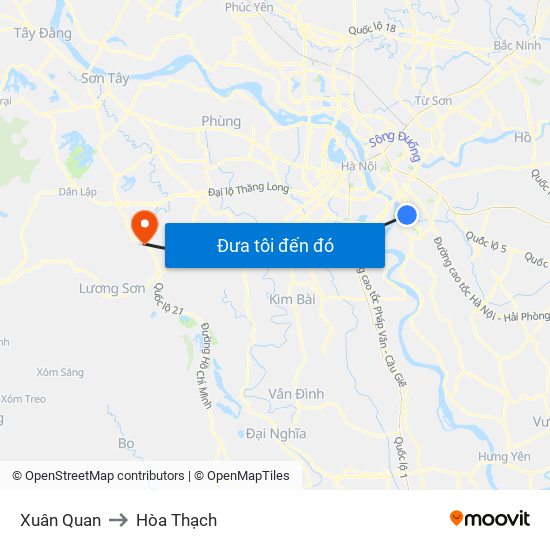 Xuân Quan to Hòa Thạch map