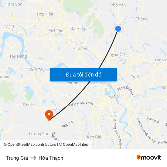 Trung Giã to Hòa Thạch map