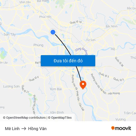 Mê Linh to Hồng Vân map